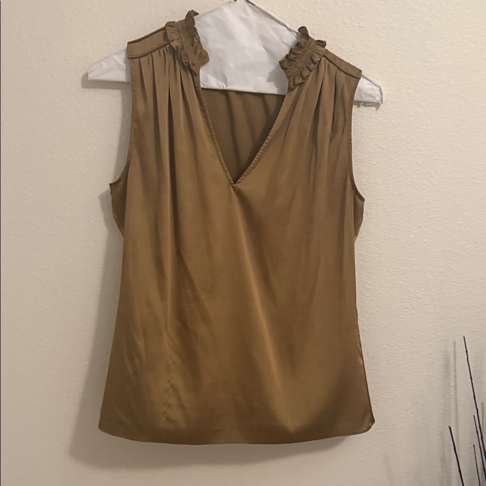 White House Black Market Tan Ruffle V-Neck Blouse